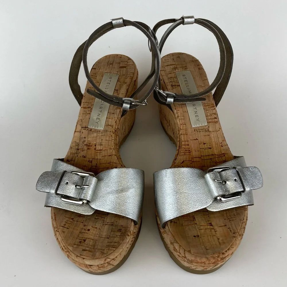 Stella McCartney Cork Platform Metallic Silver Strappy Sandal sz 37